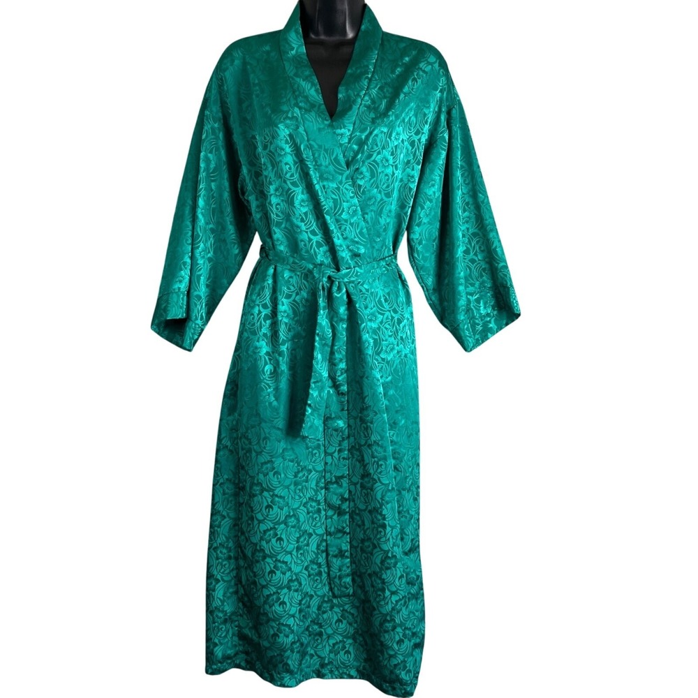 Vintage‎ Satin Robe Size Small Green Floral Jacquard Kimono Belted USA